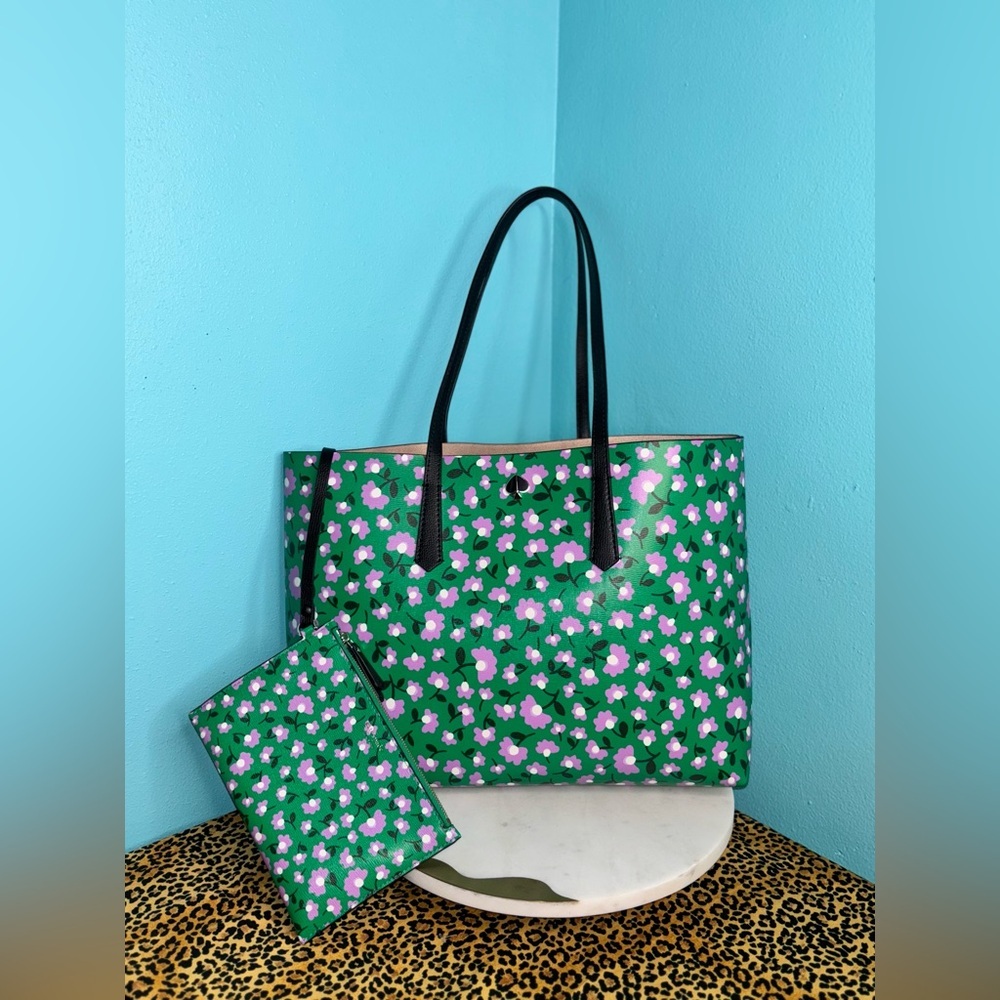KATE SPADE Floral Green Tote Bag with Pouch